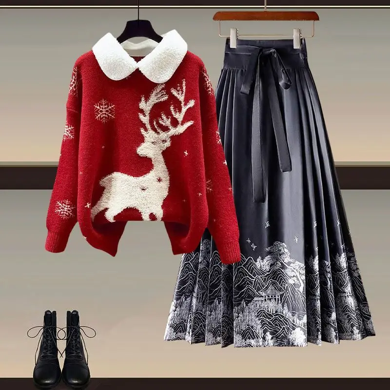 

New Chinese Style Winter 2024 Red Sweater Hanfu Tailed Skirt Two Piece Set New Year's War Robe Fashionable Women's Ense...