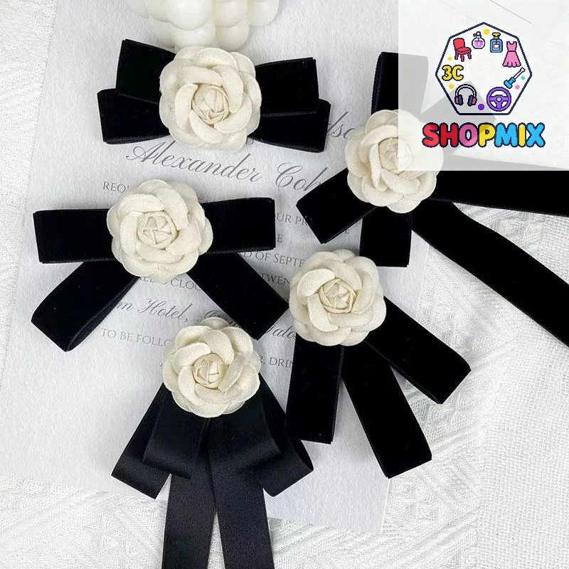 جديد أسود ربطة الشريط القوس بروش النسيج زهرة الكاميليا بروش دبابيس خمر حفل زفاف دبابيس للنساء اكسسوارات