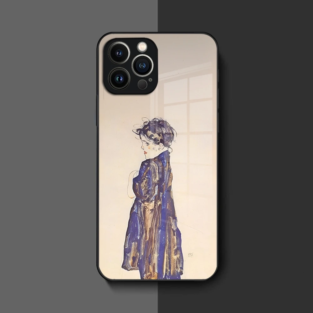 Egon Schiele Art Phone Case for Iphone 16 15 14 12 11 13 Pro Max Mini 8 X Xr Xs Puls Black Glass Cover
