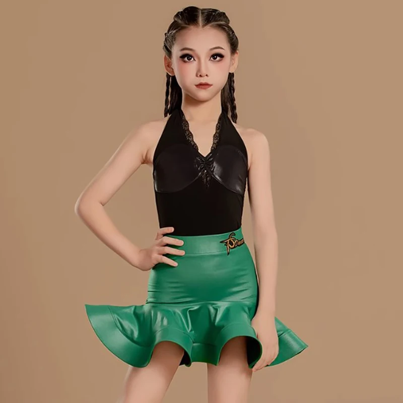 Traje de Baile Latino para Niñas, Body de Encaje con Espalda Descubierta, Falda de Cuero Verde, Ropa de Baile Profesional para Niños