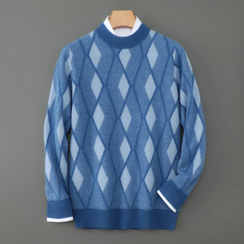 100% pure cashmere sweater men's semi-high neck thick color matching diamond knitted sweater loose casual bottoming.