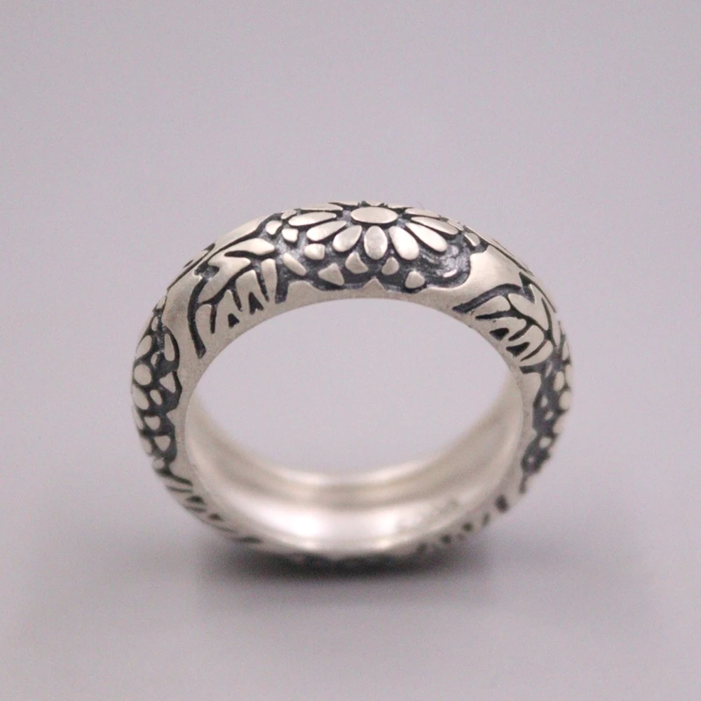 

Real Pure S990 Fine Silver Band Men Women Lucky Retro Carved Pattern Flower Ring