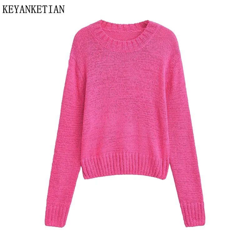 KEYANKETIAN 2024 New Women's Rose red Sweater Short Pullover Autumn/Winter Fashion Simply O-Neck Long Sleeve Basic Knitted Top