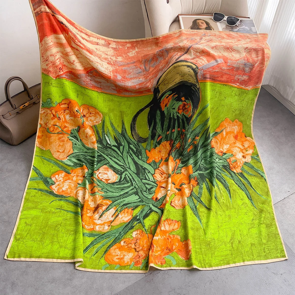 Fashion Retro Garden Printed Square Scarf 130x130cm Soft Smooth Texture Shawl Wrap Women Decorative Headscarf