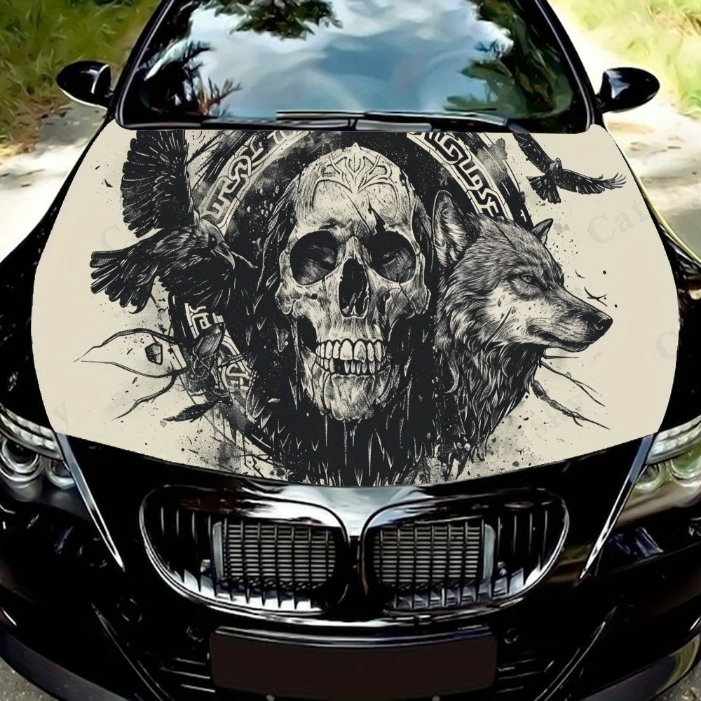 

War Raven and Skull PVC Car Vinyl Wraps, Self-Adhesive Waterproof Car Hood Decal Sticker, Car Decoration Protection Stickers for