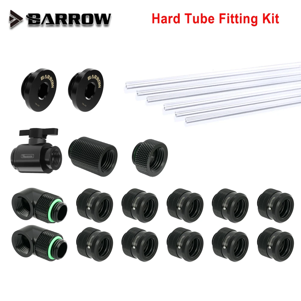 Barrow OD12/14/16mm Hard Tube Fitting Kit Brass Metal Connector G1/4'' Adapters Compression + 90 Degree Fitting + Water Plug