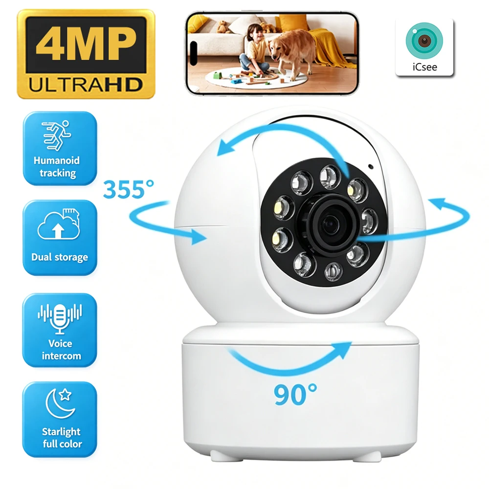 4MP PTZ Baby Monitor Camera - WiFi Indoor Security Cam with Voice Intercom & Night Vision, CCTV Surveillance for Home