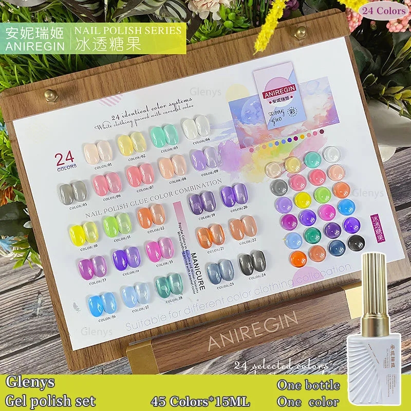 

Glenys 24 color ice transparent candy nail polish popular semi permanent immersion gel and color card UV LED varnish set