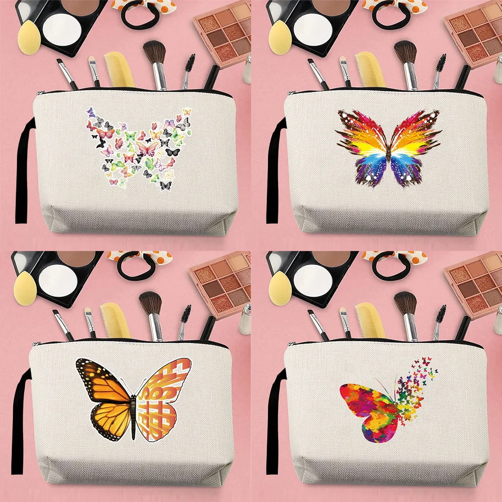 Fashion Woman Makeup Storage Bag Travel Toiletries Canvas Butterfly Pattern Printed Carrying Rope Beige Coin Purse Pencil Case