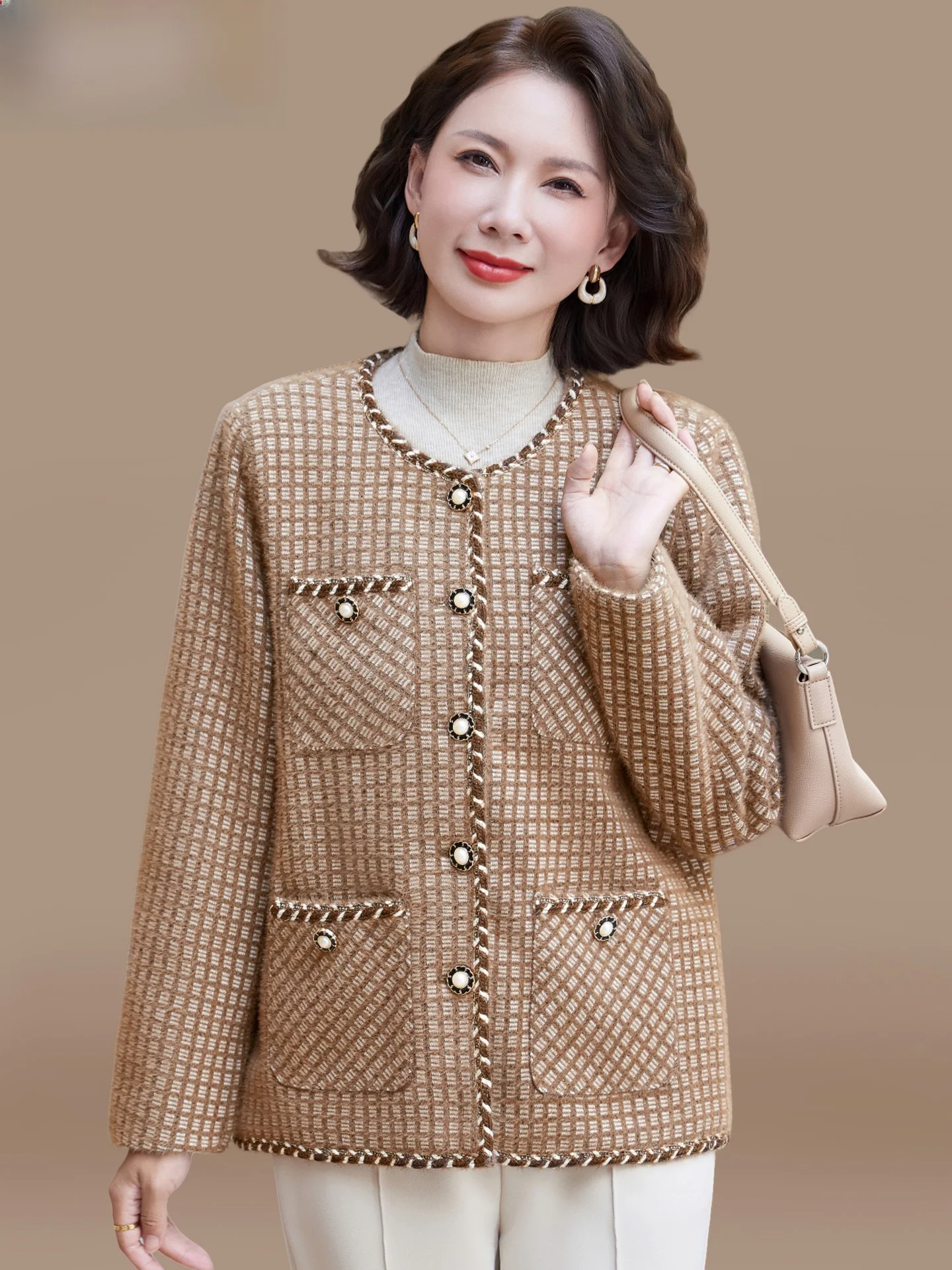 

Elegant Small Fragrance Style Outerwear for Middle-Aged And Elderly Women Fashionable Cardigan Spring Autumn Polyester Fiber