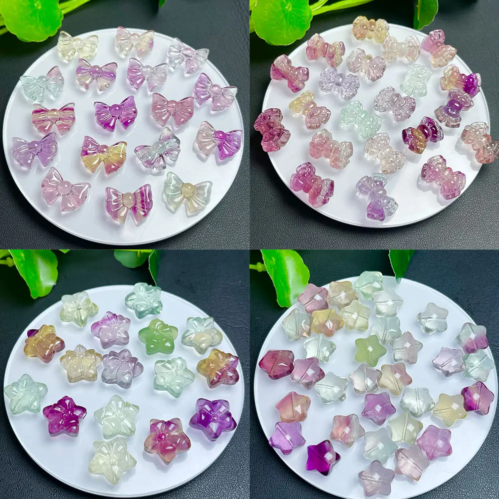 

5pcs/Lot Natural Stones Star Bow Mini Carving Beads Crystals Rainbow Fluorite Crystal Stone Gemstone Home Decor with Holes DIY