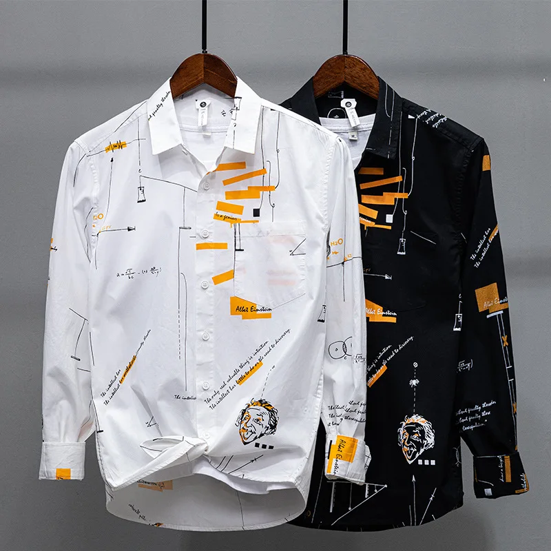 

Мужская рубашка с длинным рукавом в стиле кэжуал, весна-лето, новая коллекция, универсальный принт, хлопок, молодежная мода, приталенный крой, для делового стиля
