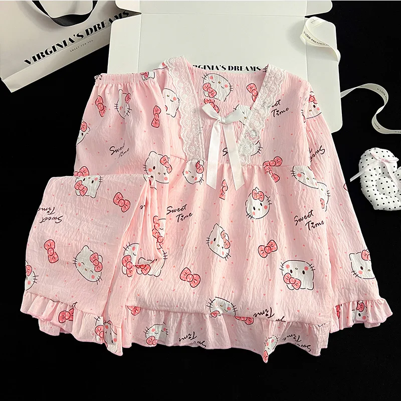 Ropa de dormir para niños de Hello Kitty, conjunto para niñas grandes, pantalones de manga larga para primavera y otoño, versión coreana, ropa de casa para niñas de estilo occidental