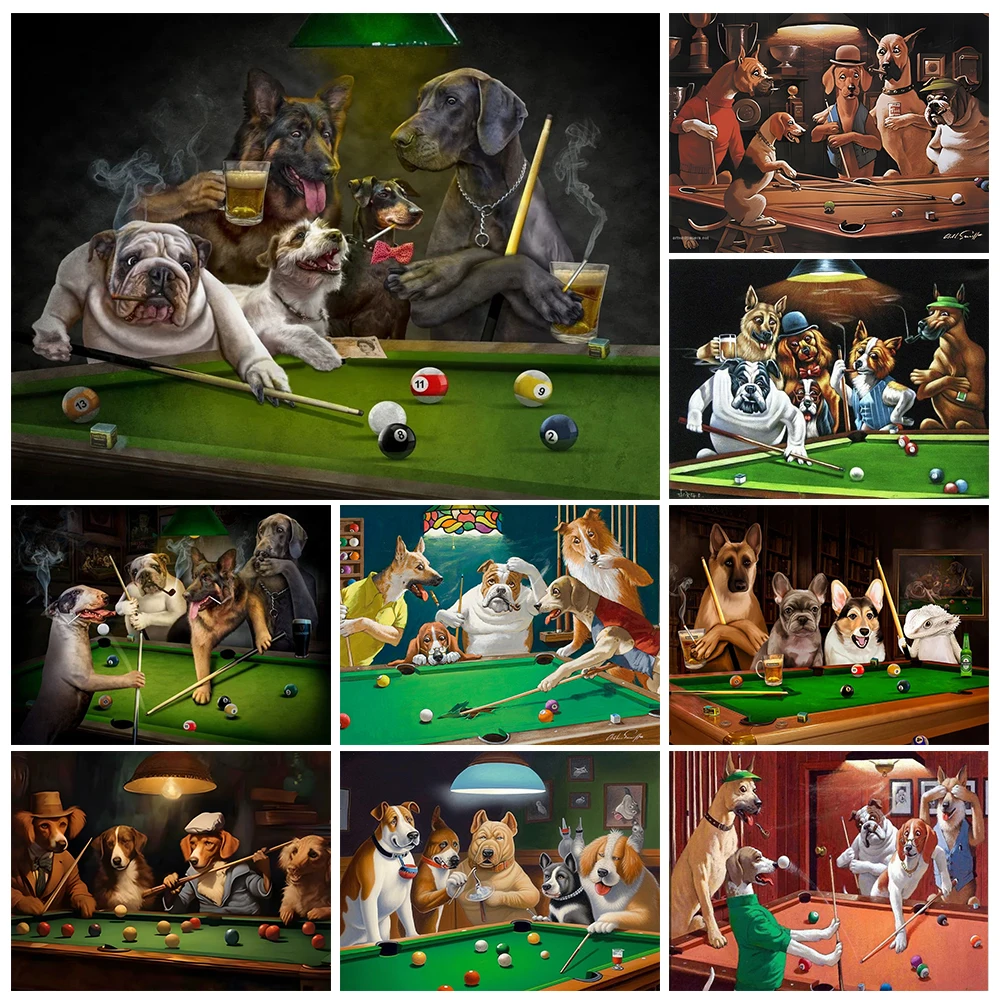 

Animals Playing Billiard Diy Diamond Painting Funny Cat and Dog Pictures 5D Diamond Embroidery Kit Adult Hand Gift Home Decor
