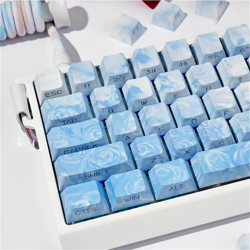 Custom Mac PBT Keycaps: Ice Blue Transparent, Sublimation Engraved, 68-104 Keys