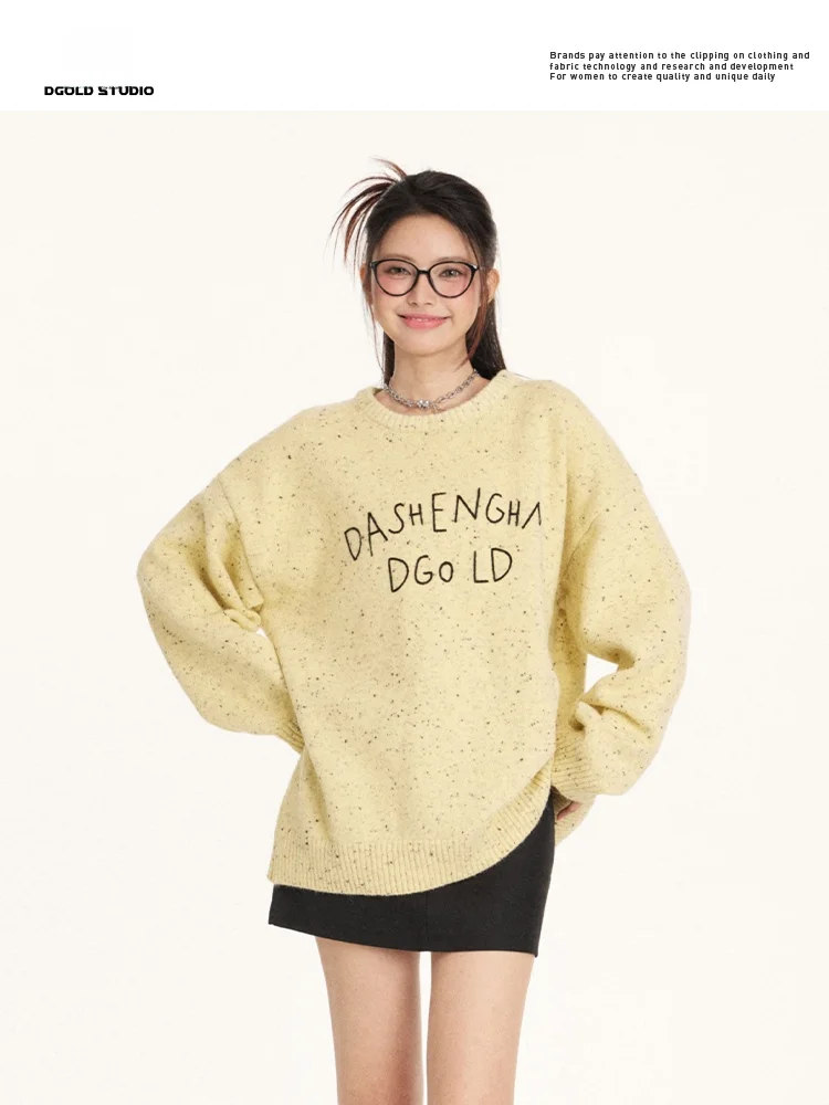 

Loose round Ne Knitted Sweater Women's Overhead Top Sweet Sle Long Sve Autumn Winter New Arrival White Little Fi