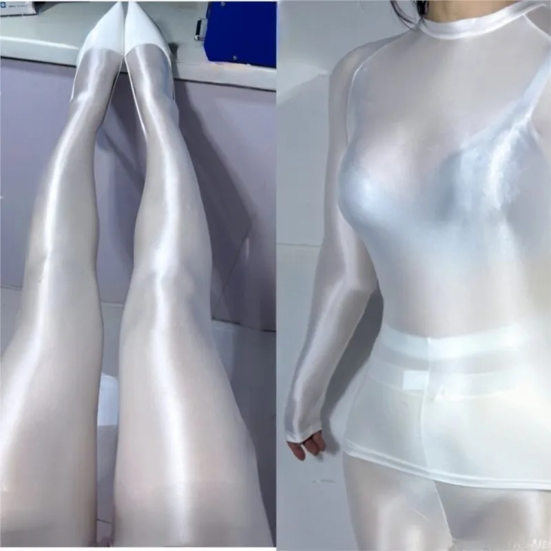 Sexy See Through Glossy Ultra Thin Top Pants Women 2 Pieces Sets Summer Spring Top Pantyhose Tights Leggings