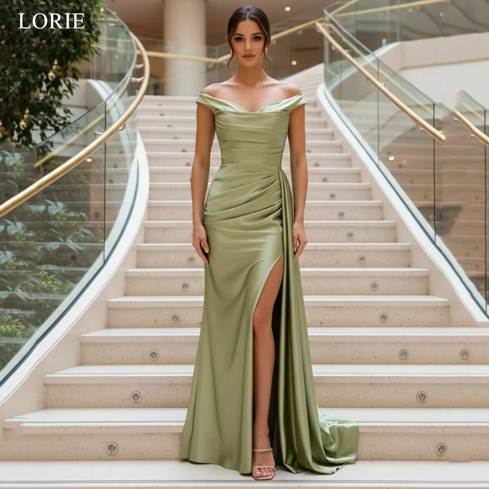 

LORIE Elegant Satin Party Dresses Off The Shoulder Side Slit Evening Prom Dress Pleats A-Line Prom Gown Customized