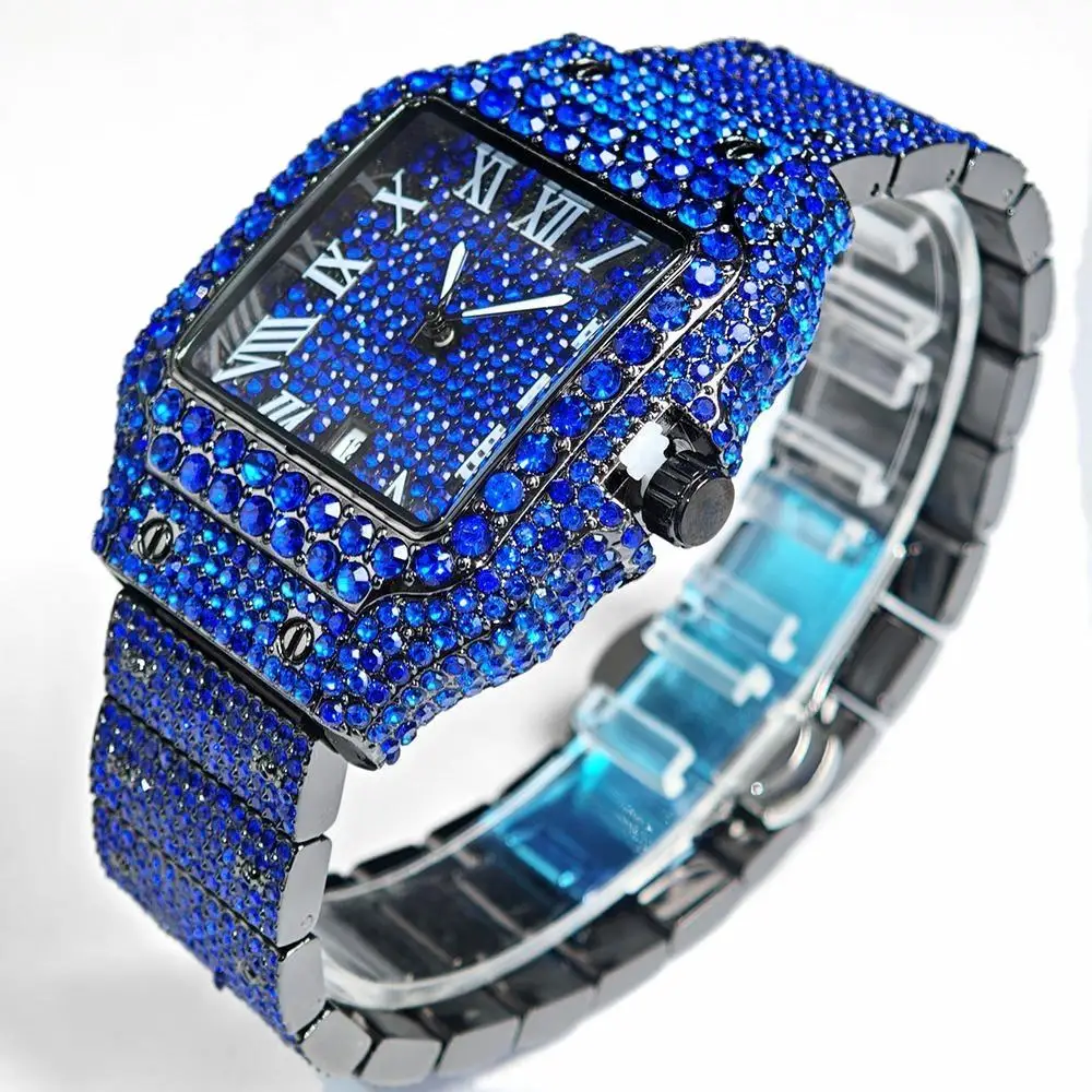 

New Blue Ice Watch For Men Brand UNIGUET Luxury Stainless Steel Square Wristwatch Male Hip Hop Diamond AAA Jewelry Watch Trendy