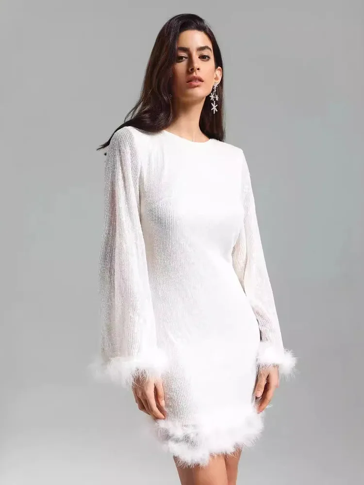 

Autumn And Winter New Women's Waist Cinching Sexy Short Skirt Dress, Big Backless Long Sleeved Sequined Feather Dress