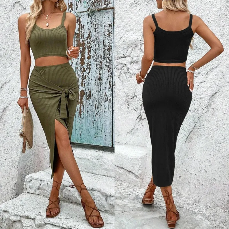 

Летний женский костюм, женский праздничный стиль, сексуальное отдельное одинаковое платье без рукавов с квадратным воротником, жилет с верхним боковым разрезом, длинная юбка, костюм