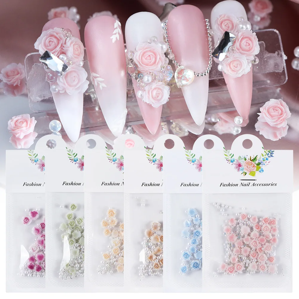 30 PCs Gradient Carved Roses with Steel Bead Pearl Nail Accessories