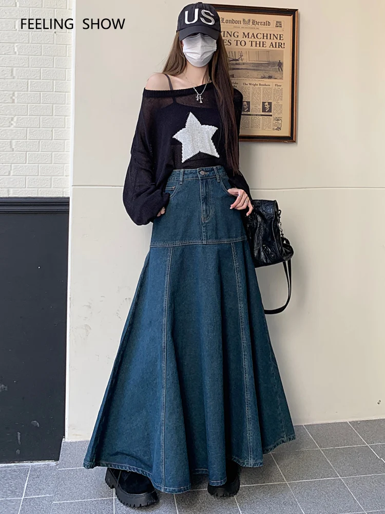 

Free Shipping 2023 New Fashion Long Maxi Denim Jeans Skirts For Women XS-XXL High Waist Big Hem Spring Summer A-line Autumn