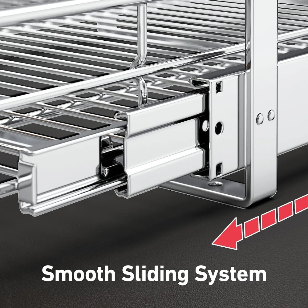 منظم خزانة قابل للسحب (11 بوصة عرض × 21 بوصة عمق)، سلة سلكية من طبقتين، رف تخزين منزلق مع مقبض خشبي، أدراج رف سحب لـ 1 #3