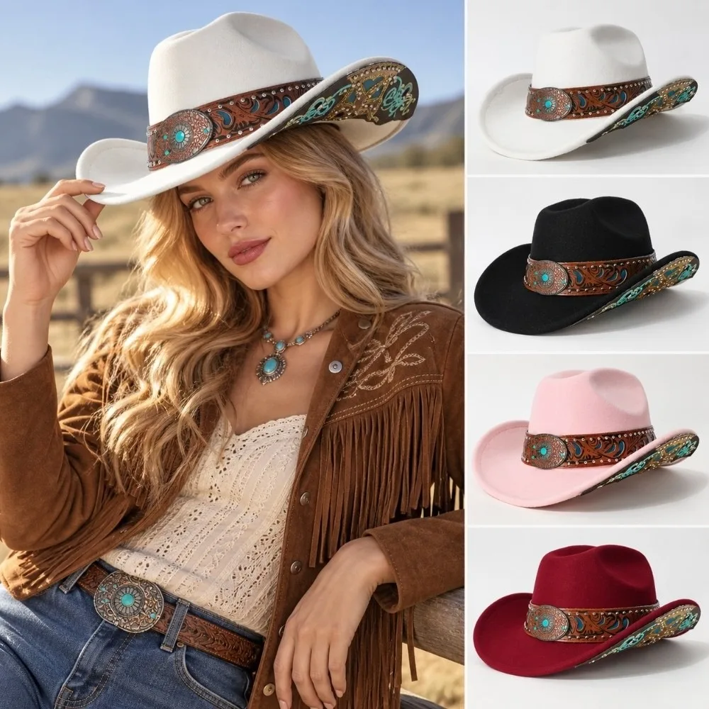 Turquoise Decor Western Cowboy Hat Embossed Band Retro Wide Brim Sun Hat Vintage American Style Party Festival Hat For Women Man