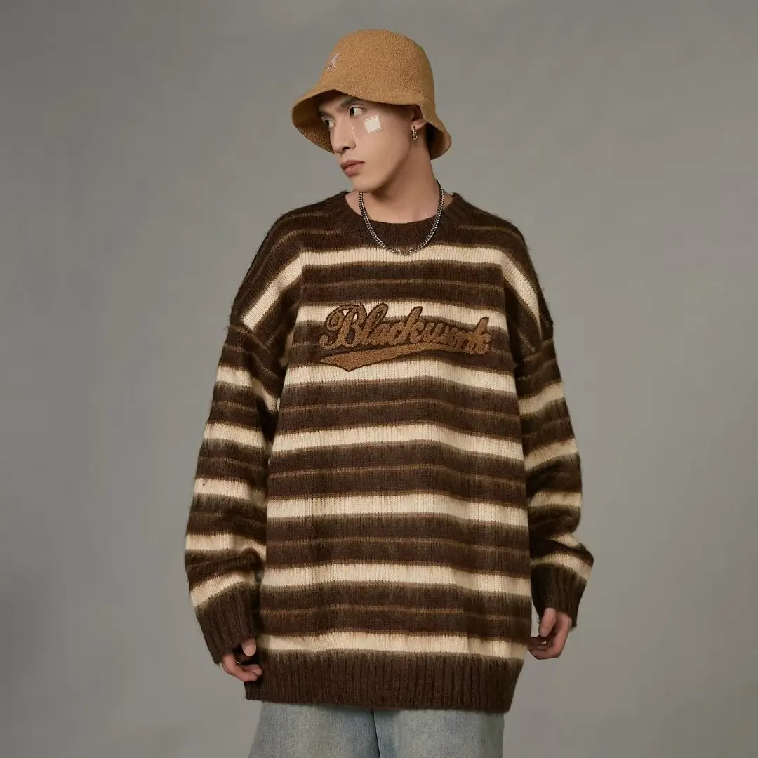 

Мужской вязаный свитер свободного кроя с полосатым узором, круглой горловиной, повседневный топ для осени и зимы, большой размер, удобный, винтажный стиль