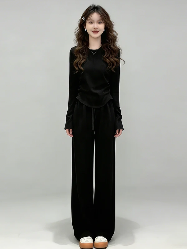 

Minimalist Style Women's Casual Sportswear Set Long Sleeve Slim Fit Black T-Shirt Wide Leg Pants Two Piece Spring Outfit