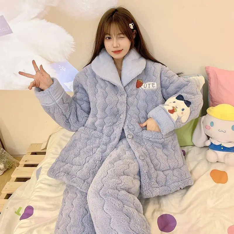 Sanrio Kit Flannel Flip Collar Thickening Three Layer Cotton Pajama Set Kawaii Cinnamoroll Comic Winter Keep Warm Home Clothes