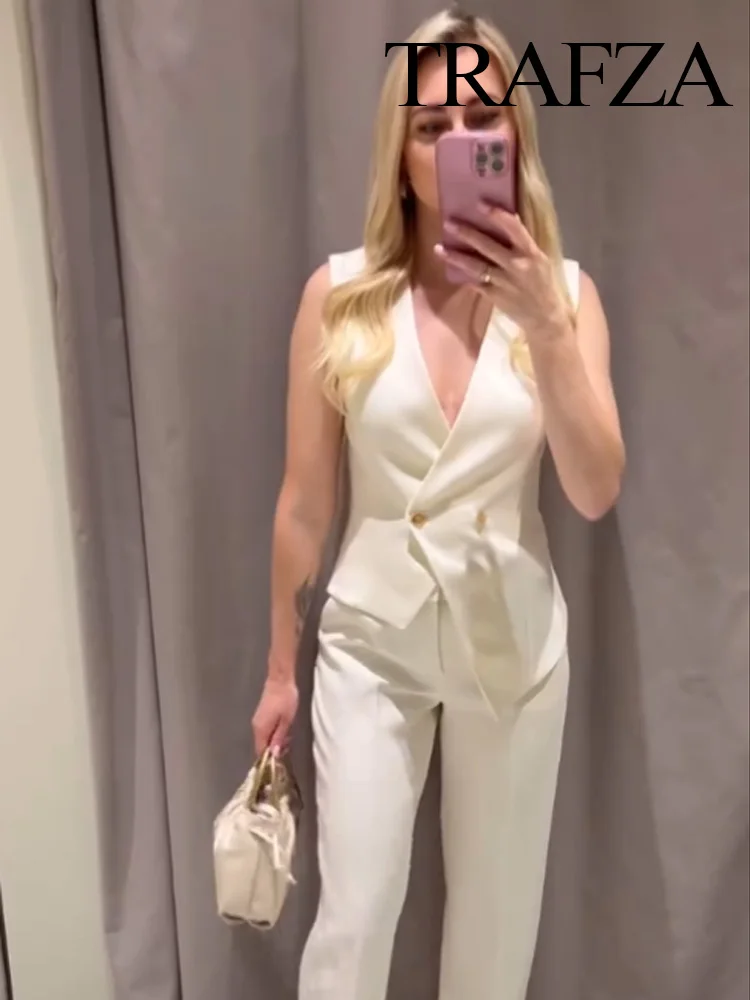 

TRAFZA Women Button Decorate Solid Pants Suit Sleeveless Asymmetry V-Neck Vest+Casual Zipper Pockets Low Waist Wide-leg Pants