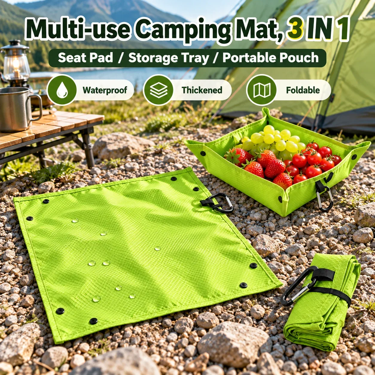 Foldable Camping Tray Mat Waterproof Portable Seat Pad 3in1 Storage Tray with Carabiner for Outdoor Picnic Hiking Fishing Beach