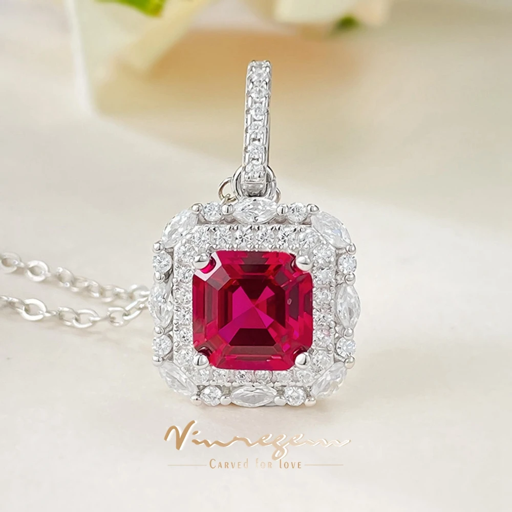 

Vinregem 7*7 MM Asscher Cut Ruby High Carbon Diamond Gemstones Pendant Necklaces Vintage 100% 925 Sterling Silver Gifts Jewelry