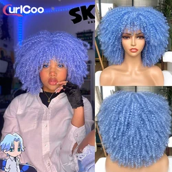Short Afro Kinky Curly Wig With Bangs For Black Women Synthetic Ombre Glueless Blue Pink Red Wig Cosplay Party Halloween Wigs