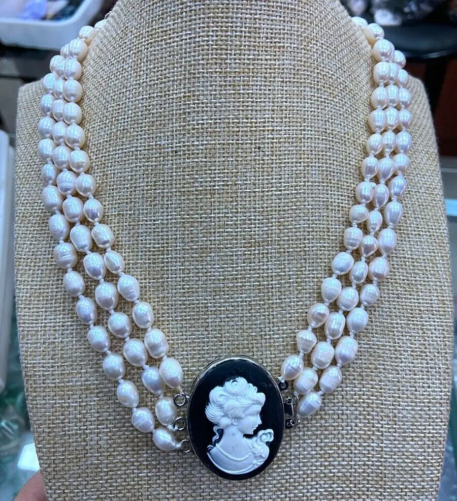 

New 3 Rows 7x9mm Natural white Baroque South Sea rice Pearl Necklace 17-18-19"