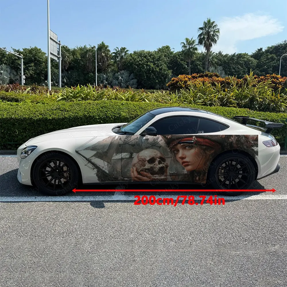 2pcs Female Pirate Holding Skull Car Side Wraps, Self-Adhesive PVC Waterproof & Scratch-Resistant Stickers, Car Accessory Gift