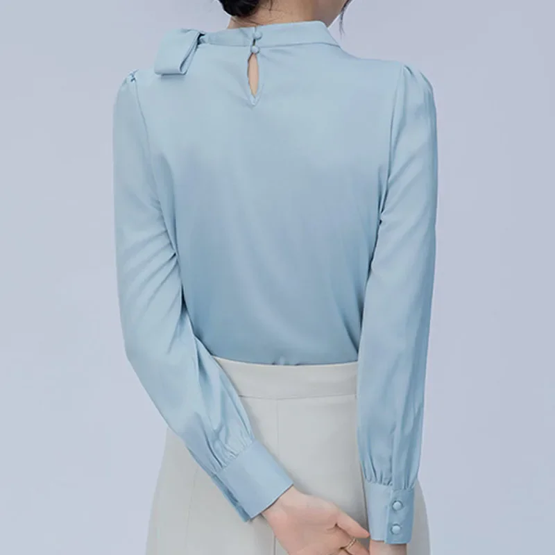 Autumn New Long Sleeve Stand Collar Women Blouse Korean Version Bow Blue White Grace Chiffon Blouse Shirt Women Tops Blusas D264