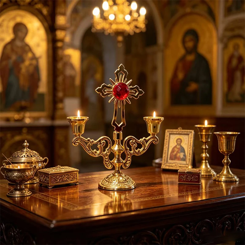 Luxuriöser, vergoldeter orthodoxer Dreiflammiger Kreuzleuchter mit großem farbigem Kristall-Edelstein, floral geschnitztem, hohlem Sockel für den Kathedralenaltar. – Detail 1