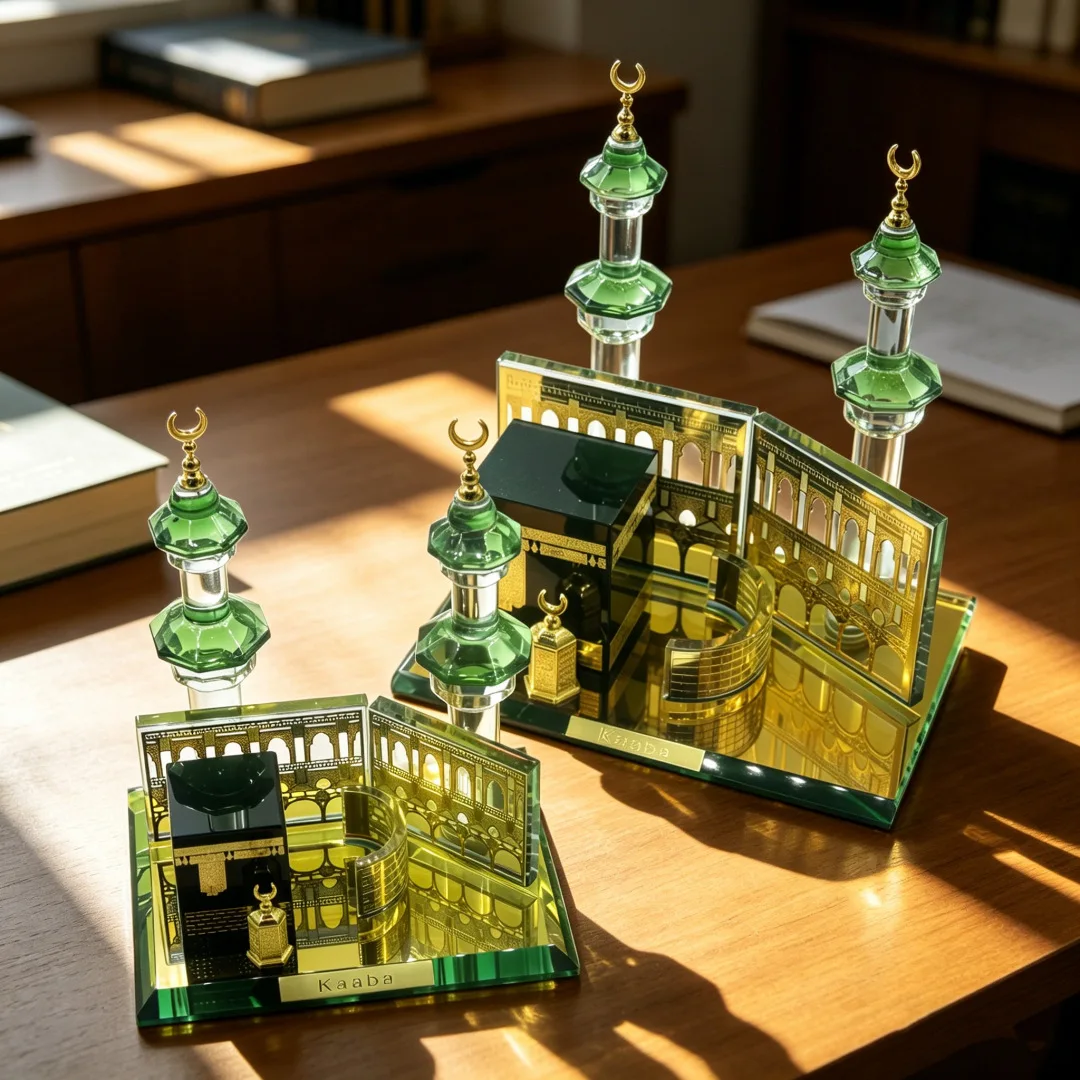 Crystal Kaaba Clock Tower Model Kits Showpiece Muslim Crystal Gilded Islamic Architecture Handicraft Home Vehicle Decor