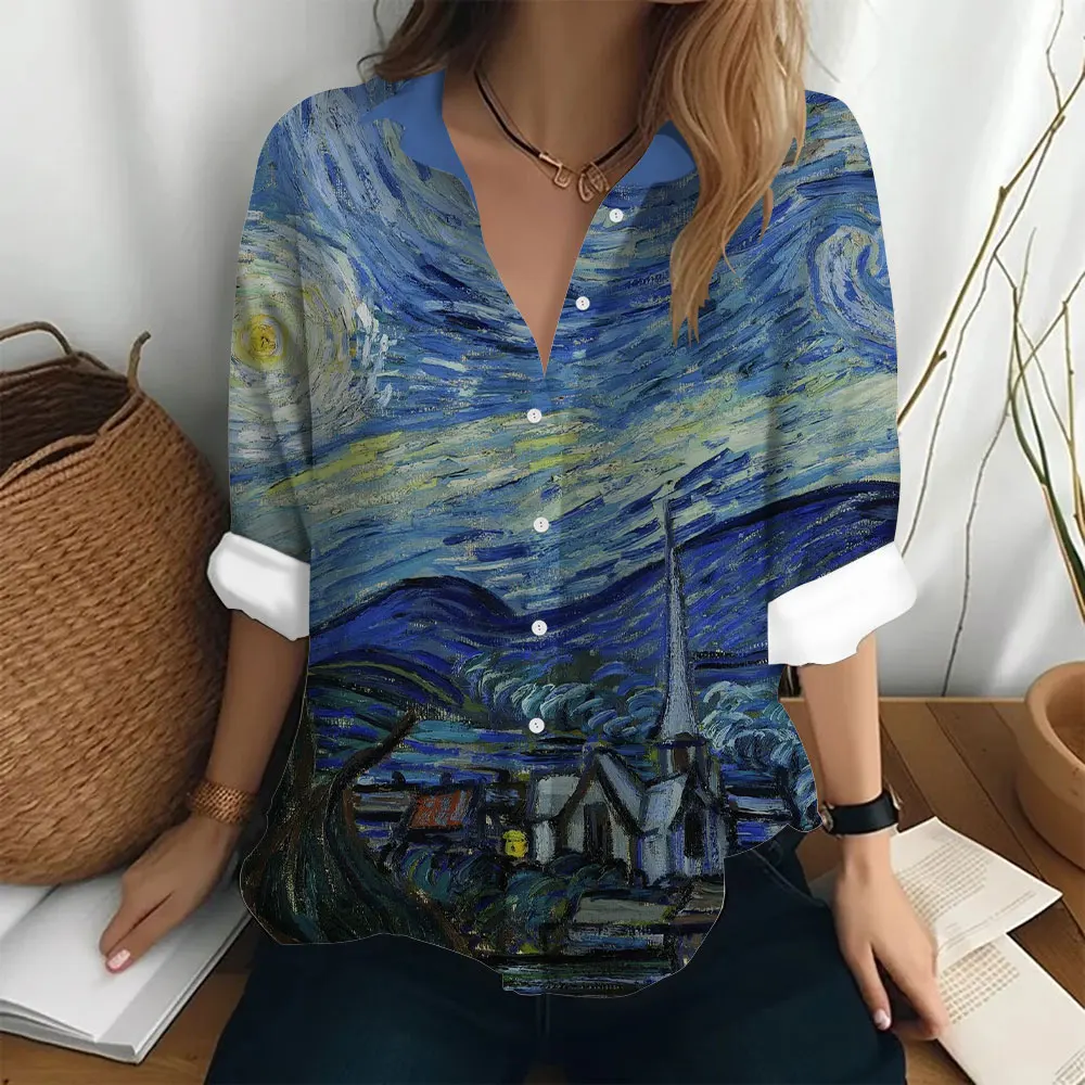 Women\'s Trendy Shirt Van Gogh Oil Painting Printed T-shirt Loose Button Top Clothing Street Fashion Lapel Jacket Women\'s Shirt