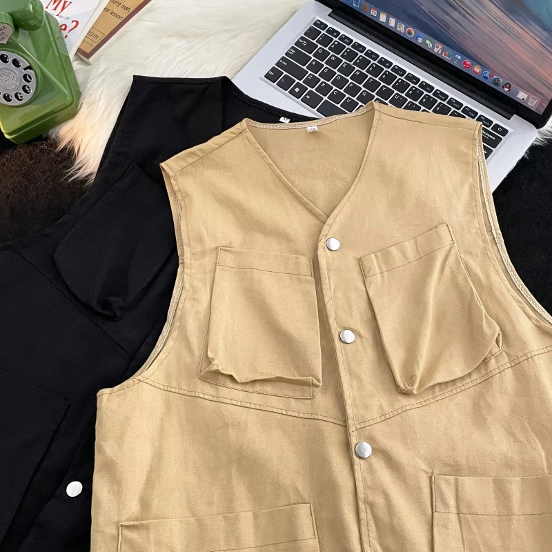 Vests Men Streetwear Casual Daily Loose Summer Multi Pockets Solid Color Simple Japanese Style Fashion Teenagers All-match Soft