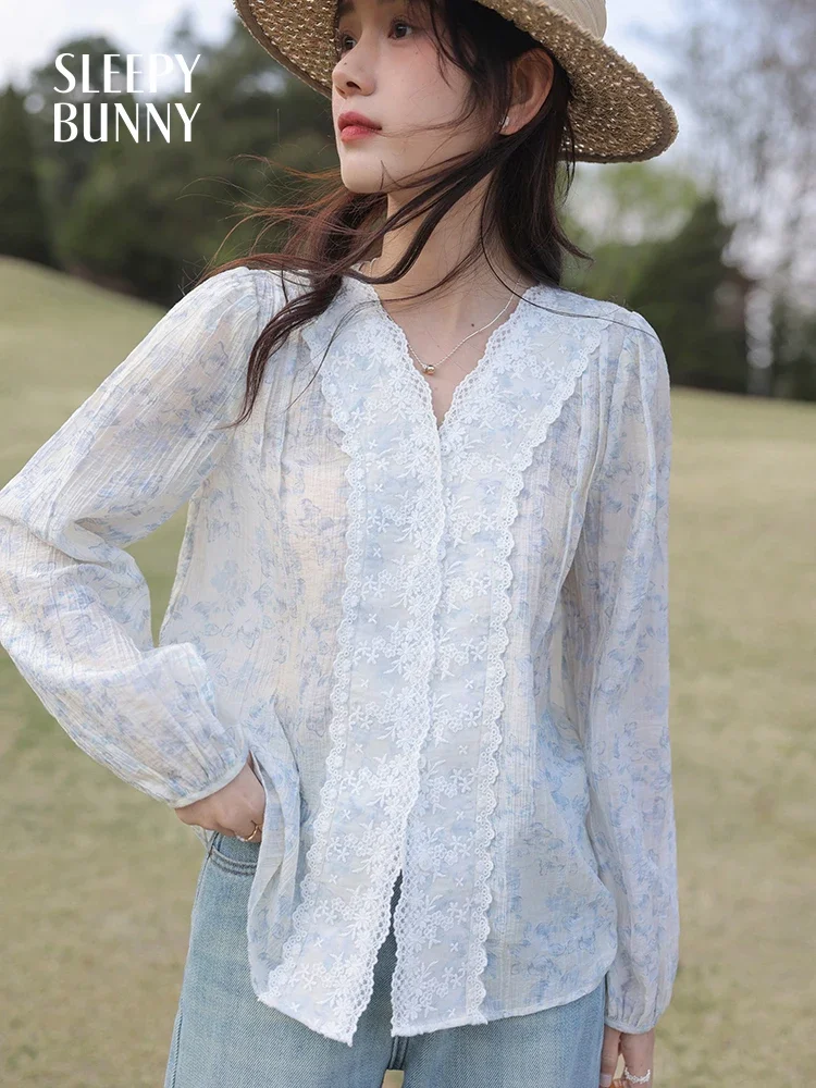 Lace Trim Floral Blouse Women Summer Puff Sleeve Loose Fit Vintage Button Down Shirt with Ruffle Detail Elegant Lightweight Top