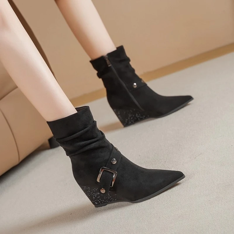 

Thick Sole Wedges Modern Boots Pointed Toe Belt Buckle Women Shoes Fashion Mid-Calf Thin Boots Autumn Casual High-heeled Boots
