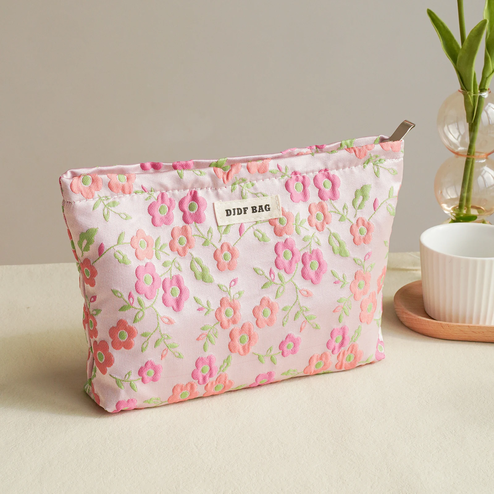 Fiori rosa, borsa per il trucco da donna di grande capacità, borsa da toilette da viaggio portatile, borsa per cosmetici semplice, borsa per