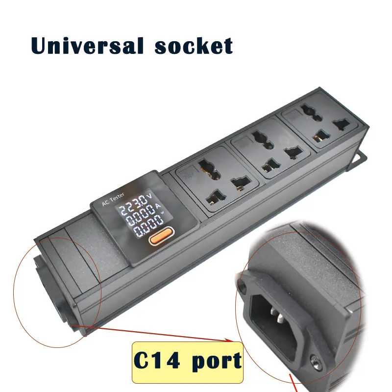 Wall plug, ground plug, 10A universal socket, network cabinet rack, C14 port input, no switch, with ammeter, wireless
