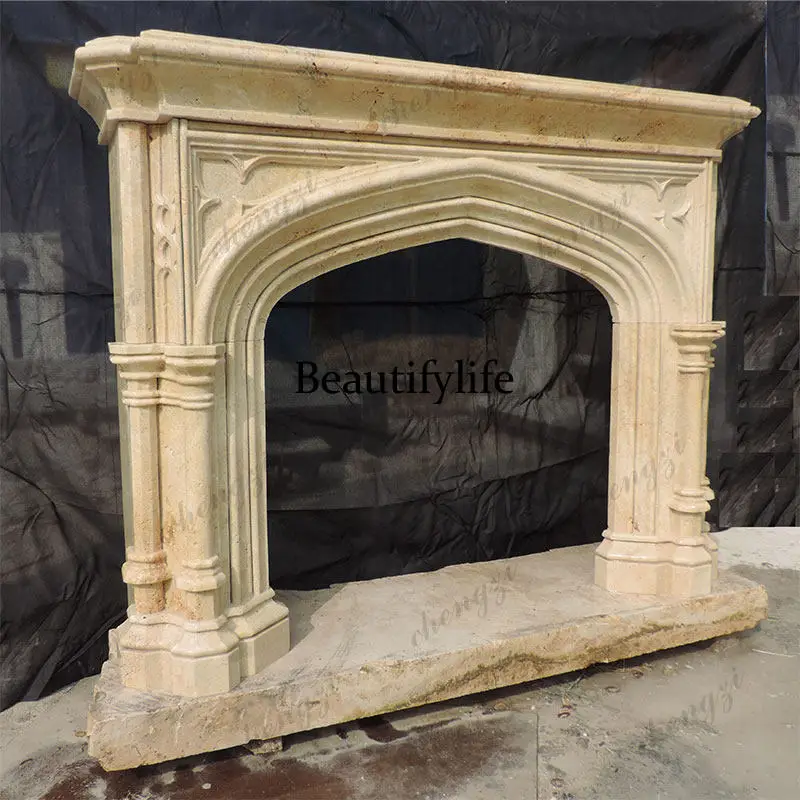 Natural marble travertine fireplace European retro fireplace cabinet living room stone carving fireplace