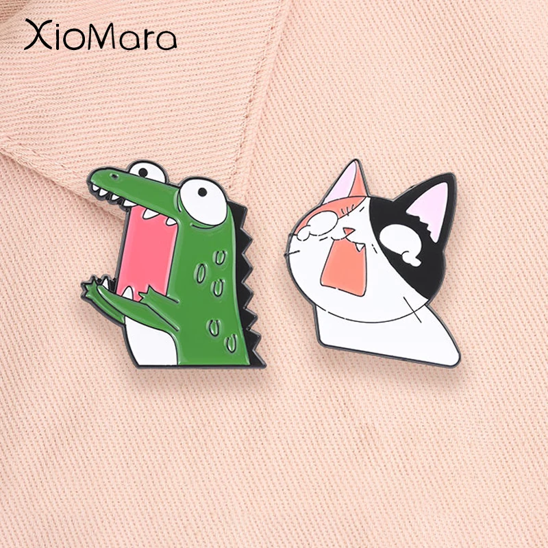 Funny Screaming Crocodile Cat Enamel Pins Cartoon Silly Cat Cute Animal Brooch Lapel Badge Jewelry Accessories Gifts for Friends