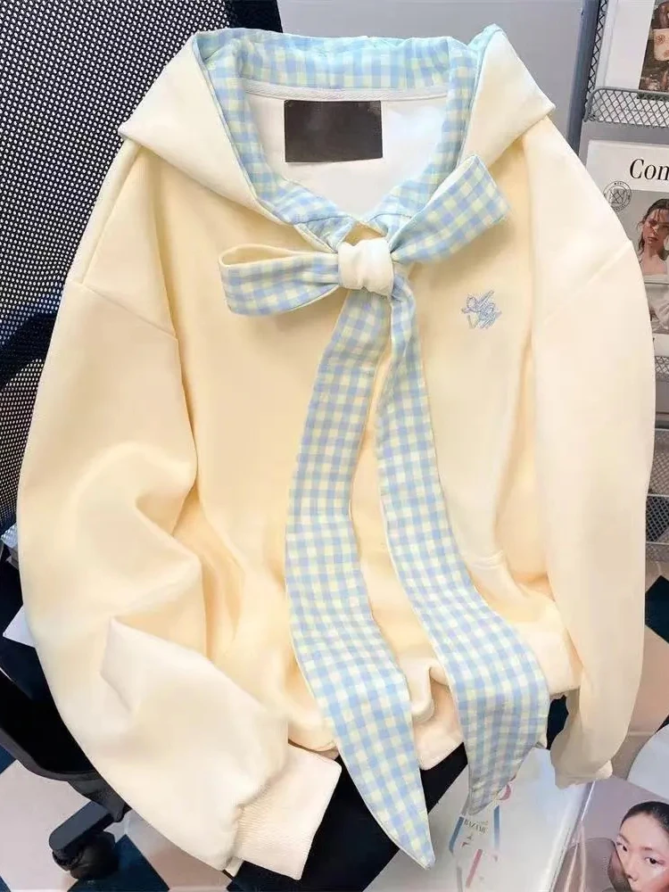 

Jmprs милые женские толстовки с бантом, свободные модные толстовки Kawaii с длинными рукавами, шикарные клетчатые лоскутные японские женские осенне-зимние топы